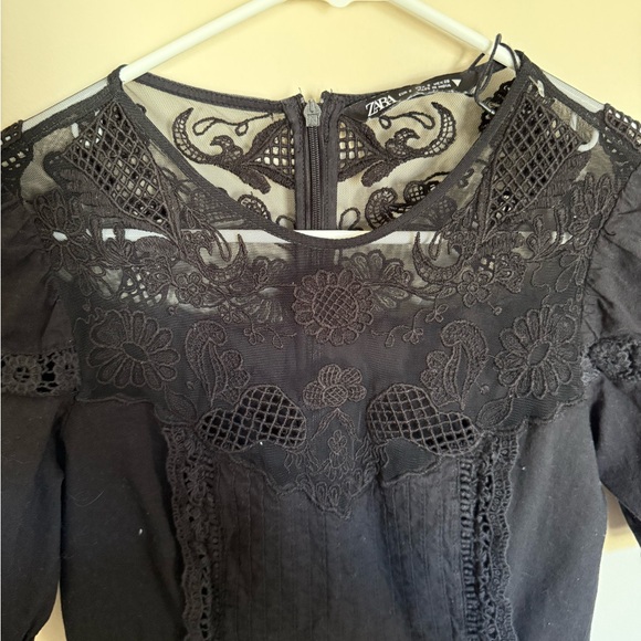 NWOT- ZARA Mixed Material Black Lace Ruched Side Mini Dress Boho Embroidered - Picture 4 of 11